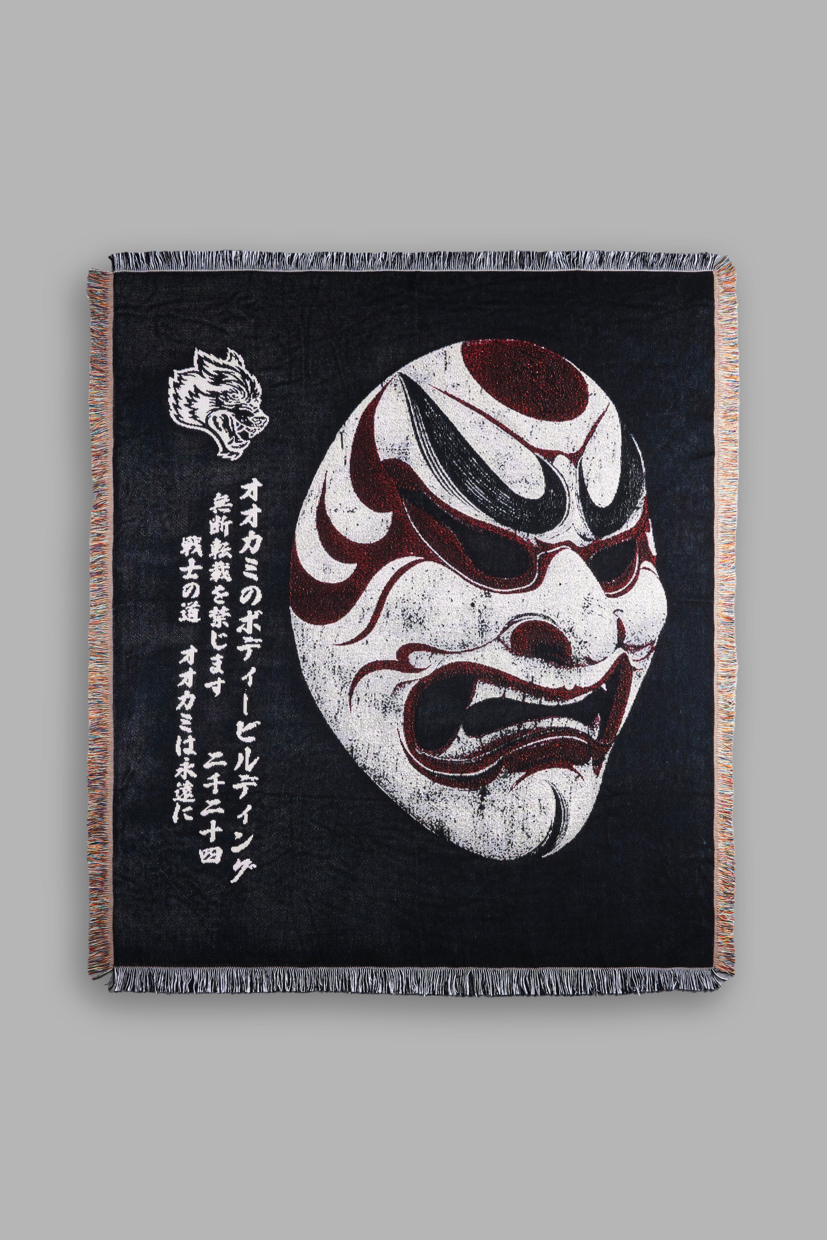 Kabuki Mask Tapestry Blanket in Black