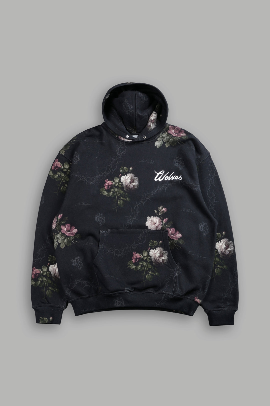 Wolves Script "Pierce" Hoodie in Black Rose Thorn