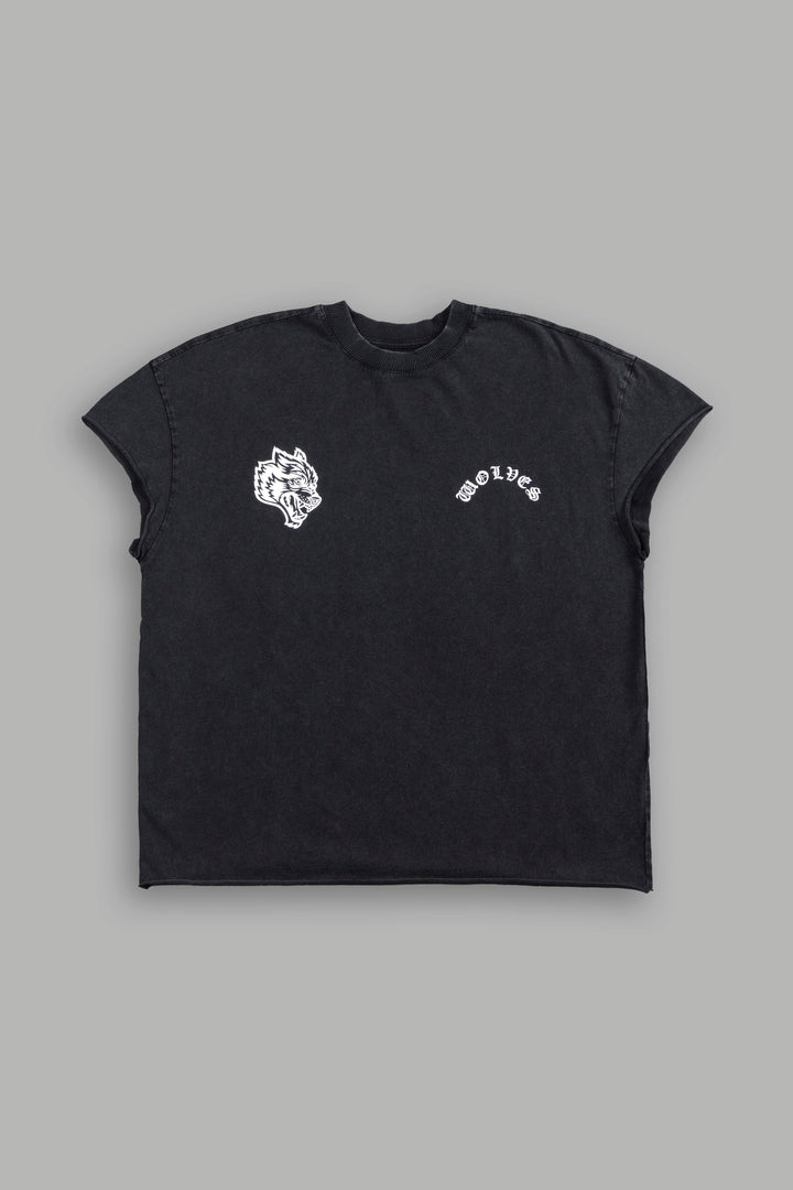 Steel Code Grunge Mid Length Raw Hem Cap Sleeve Tee in Black