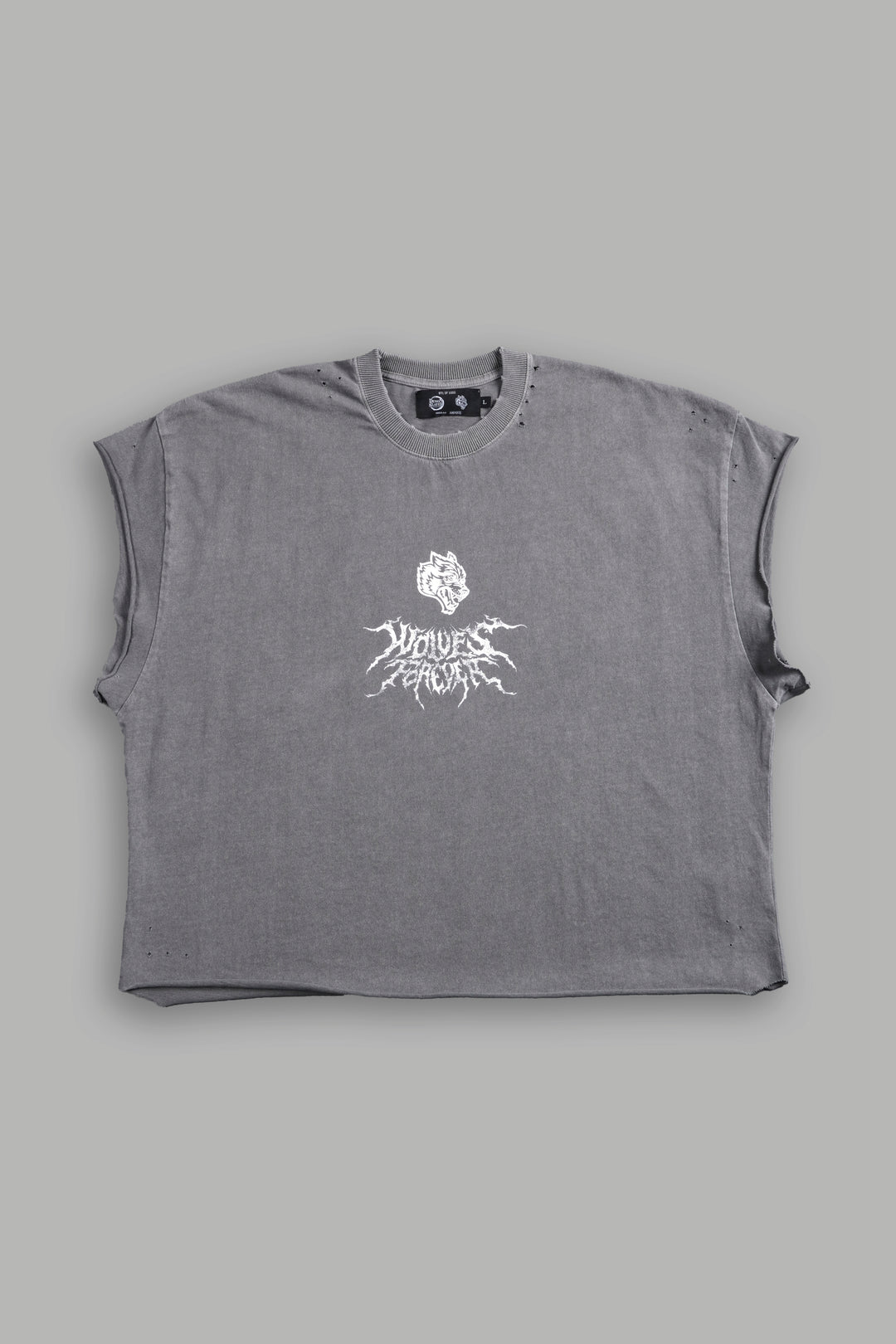 Upper Moon 1 Distressed Grunge Cut-Off Mid-Length Raw Hem Tee in Dove Gray