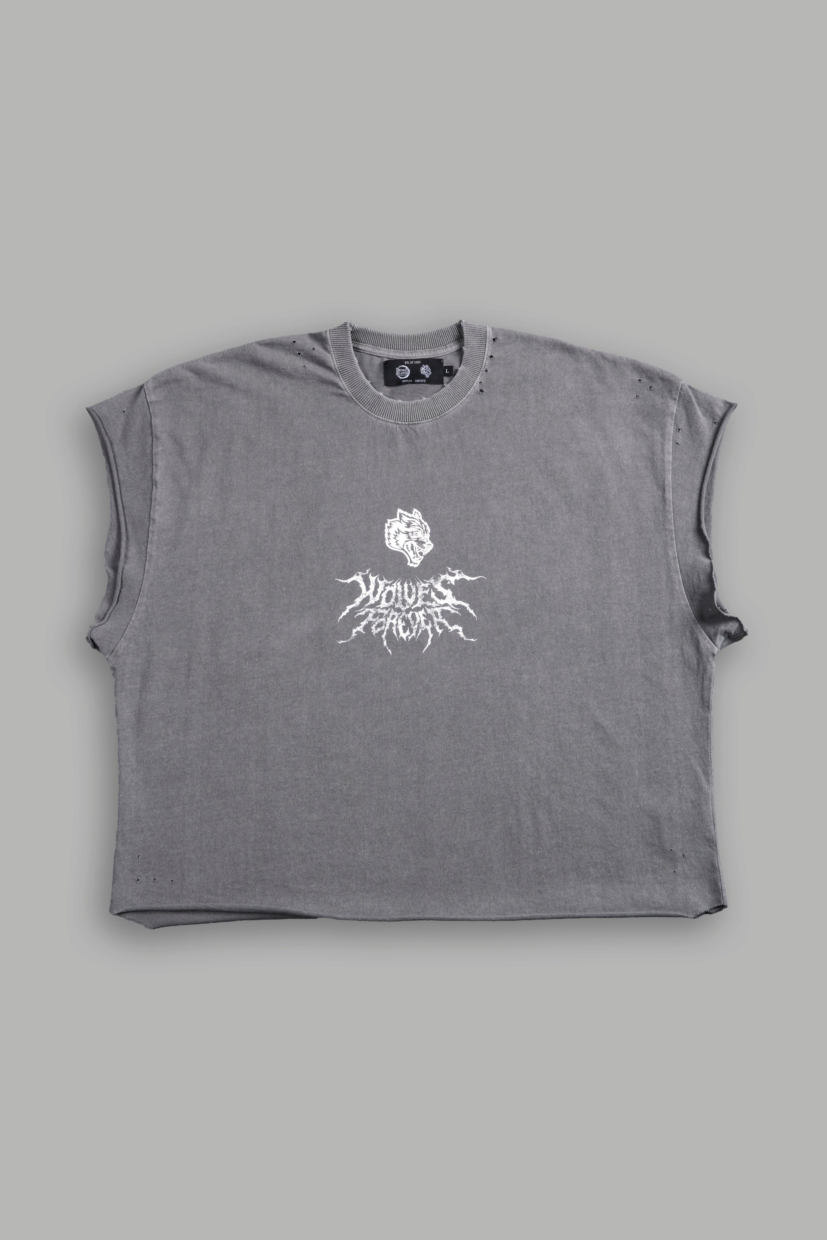 Upper Moon 1 Distressed Grunge Cut-Off Mid-Length Raw Hem Tee in Dove Gray