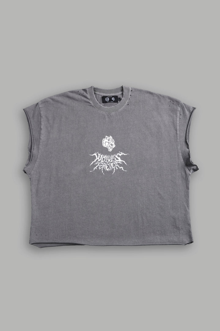 Upper Moon 1 Distressed Grunge Cut-Off Mid-Length Raw Hem Tee in Dove Gray