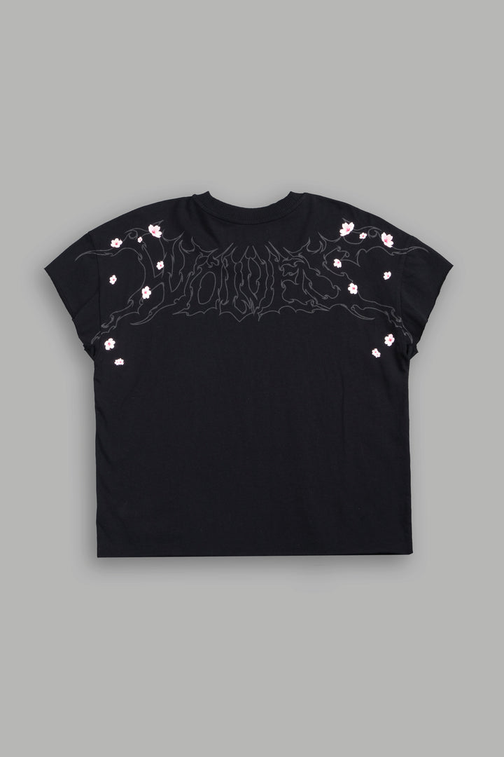 Sakura Hesh Grunge Mid Length Raw Hem Cap Sleeve Tee In Black