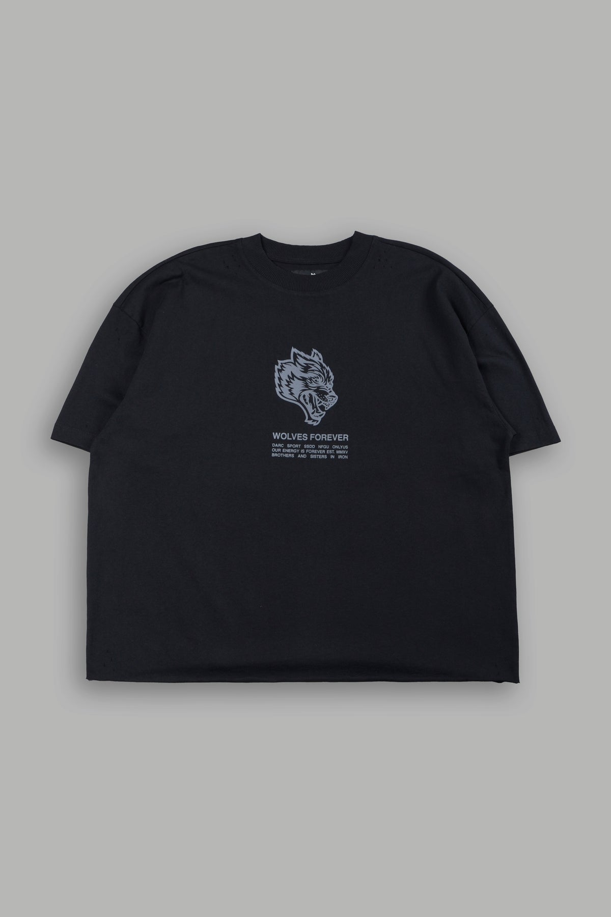 Wolves Have Your Back Distressed Grunge Mid Length Raw Hem Tee In Black