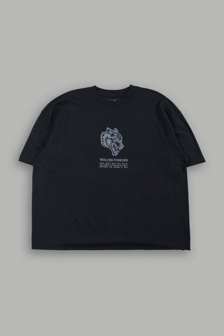 Wolves Have Your Back Distressed Grunge Mid Length Raw Hem Tee In Black