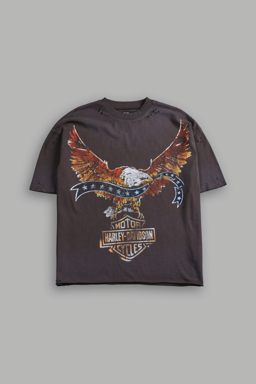 Darc Eagle Distressed Grunge Mid-Length Raw Hem Tee in Darc Brown Drift Wash