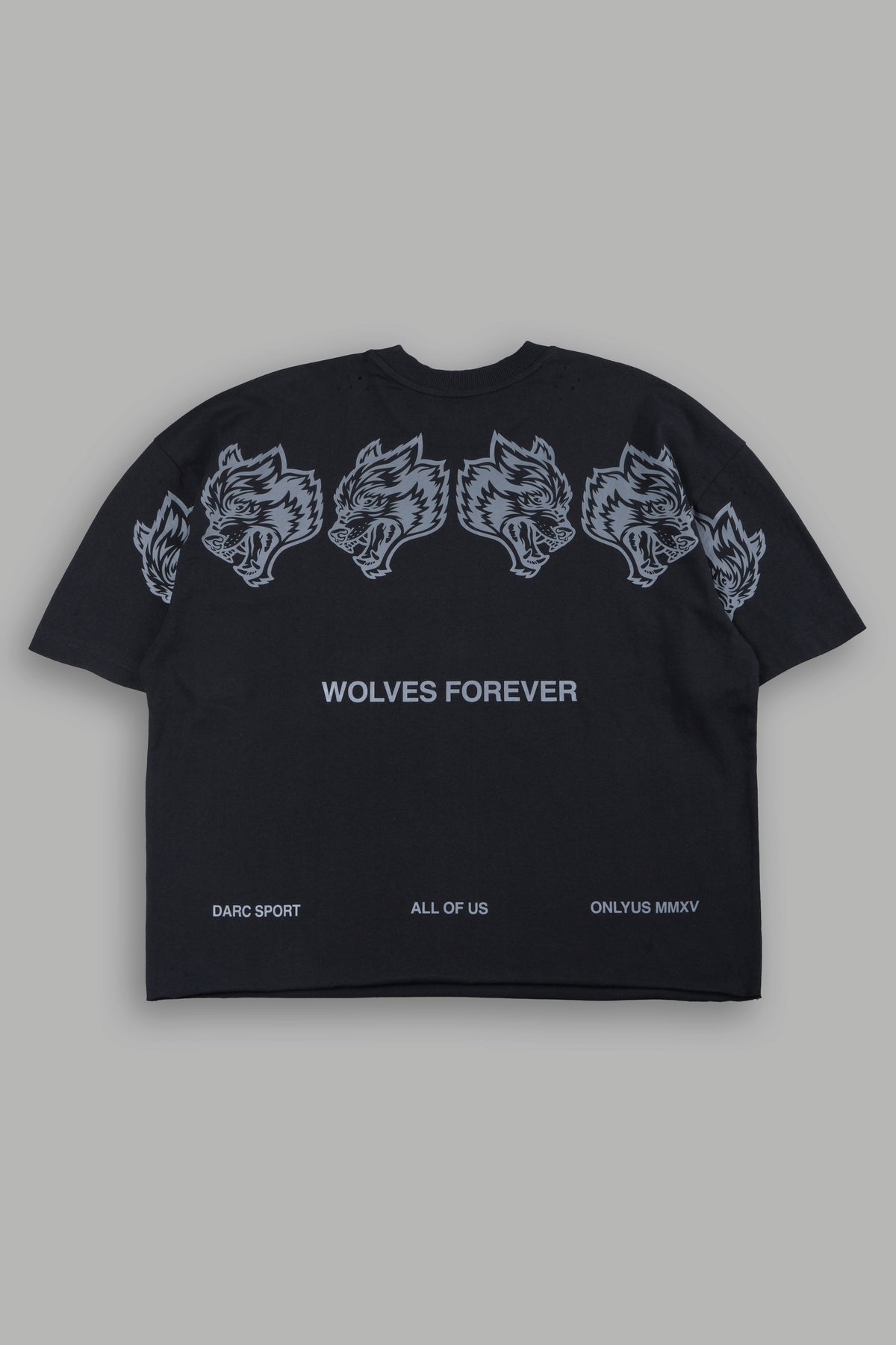 Wolves Have Your Back Distressed Grunge Mid Length Raw Hem Tee In Black