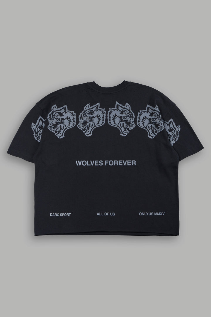 Wolves Have Your Back Distressed Grunge Mid Length Raw Hem Tee In Black