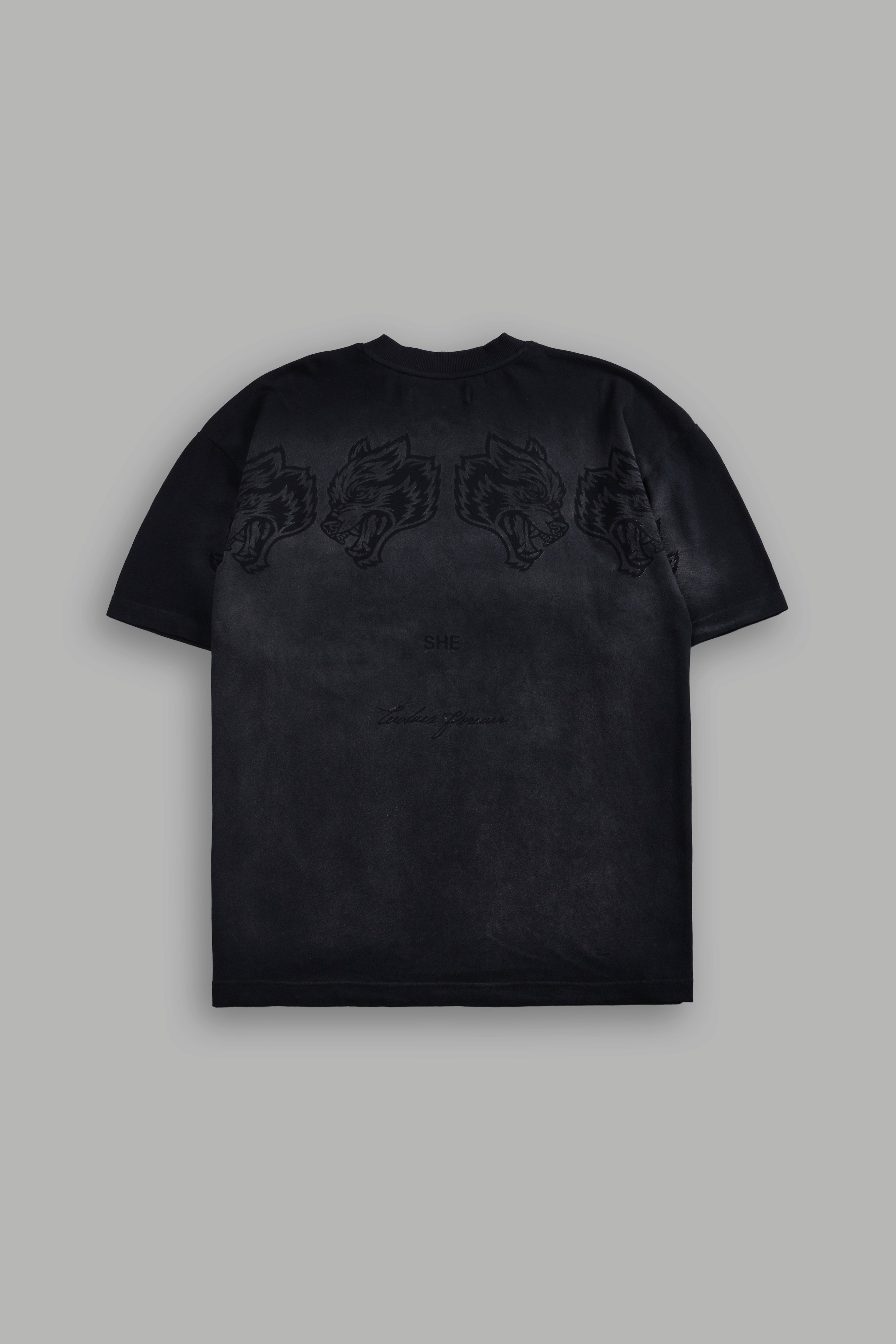 She Has Your Back "Pump Cover" Tee in Black Horizon Sun Fade