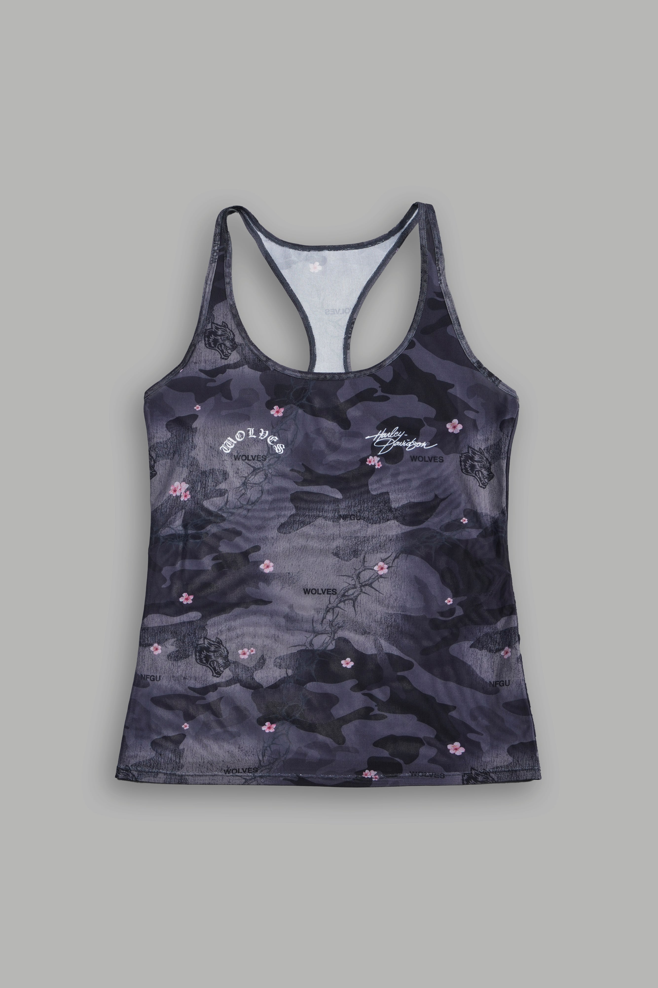 Harley Wolves Simone Mesh Tank in Warrior In A Garden Black Camo