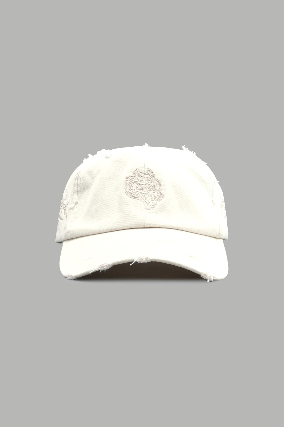 Wolf Head Distressed Dad Hat In Cream