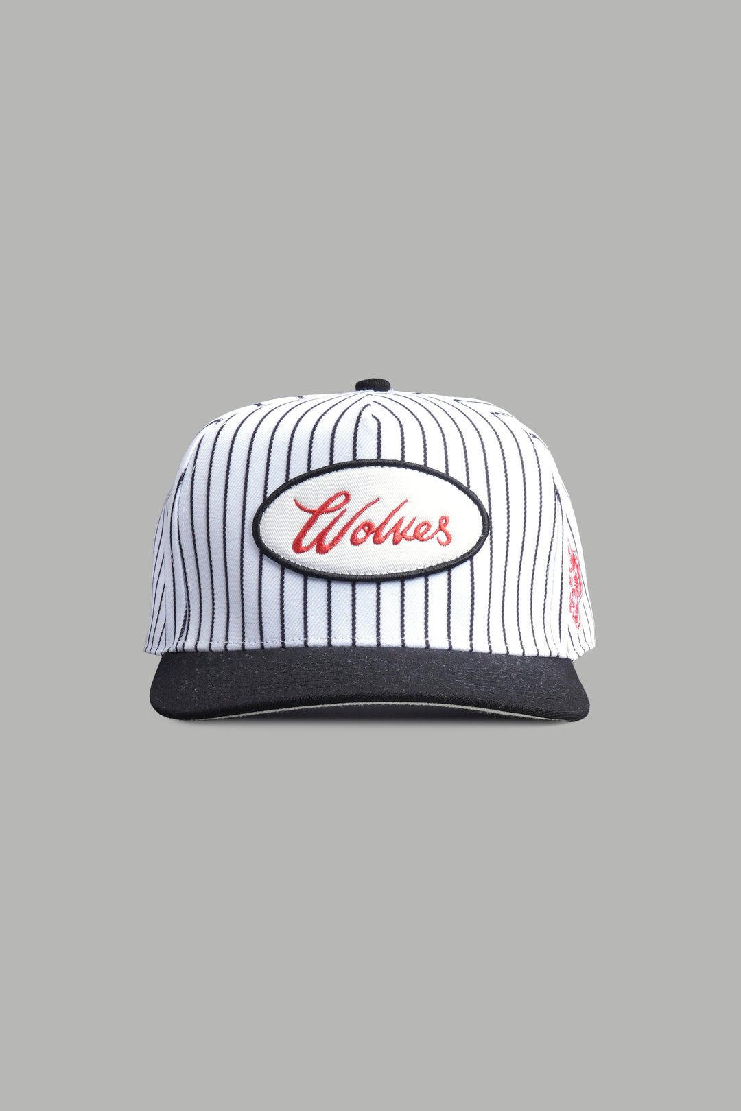 Wolves Cursive A Frame Snapback in White/Black Pinstripe