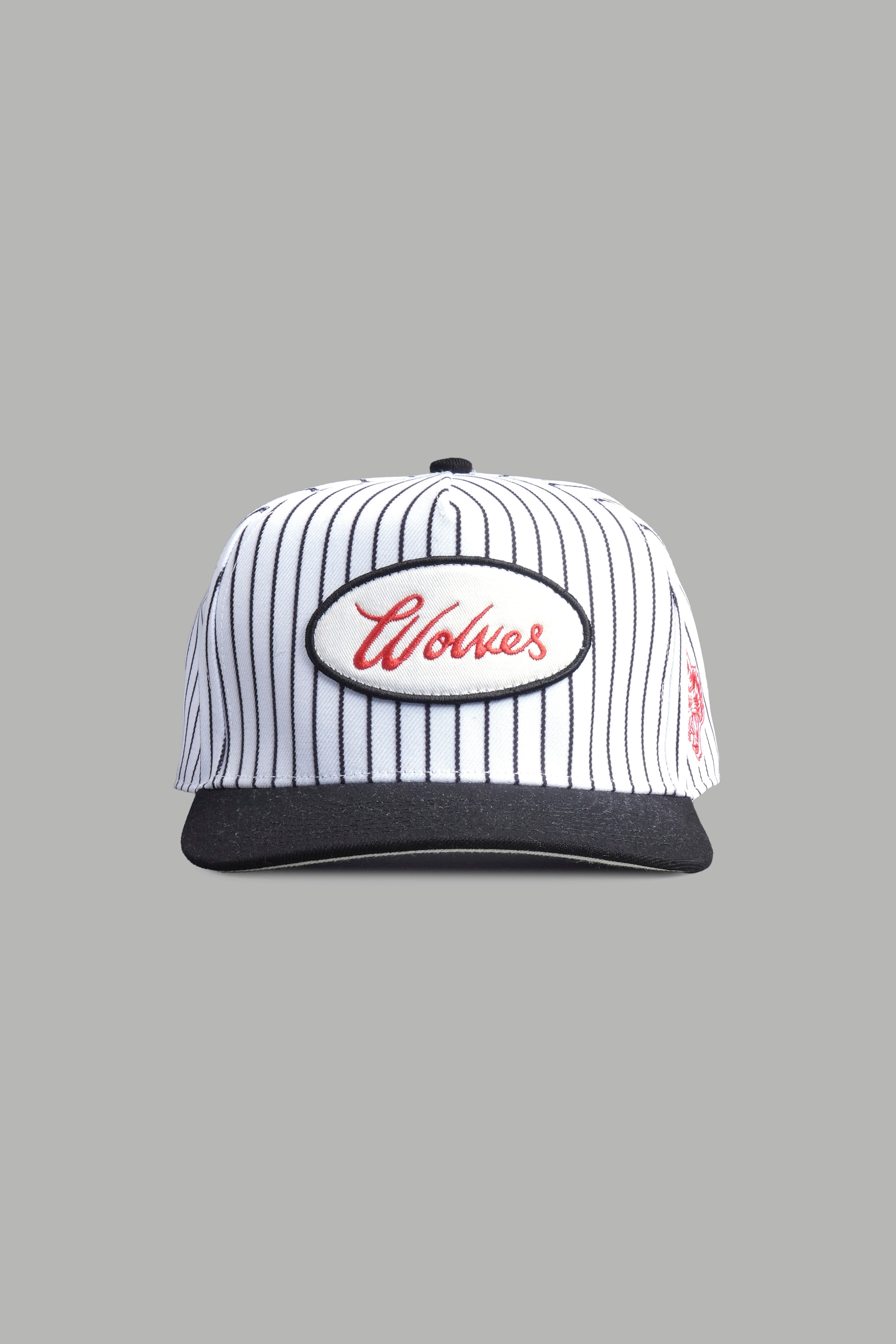 Wolves Cursive A Frame Snapback in White/Black Pinstripe