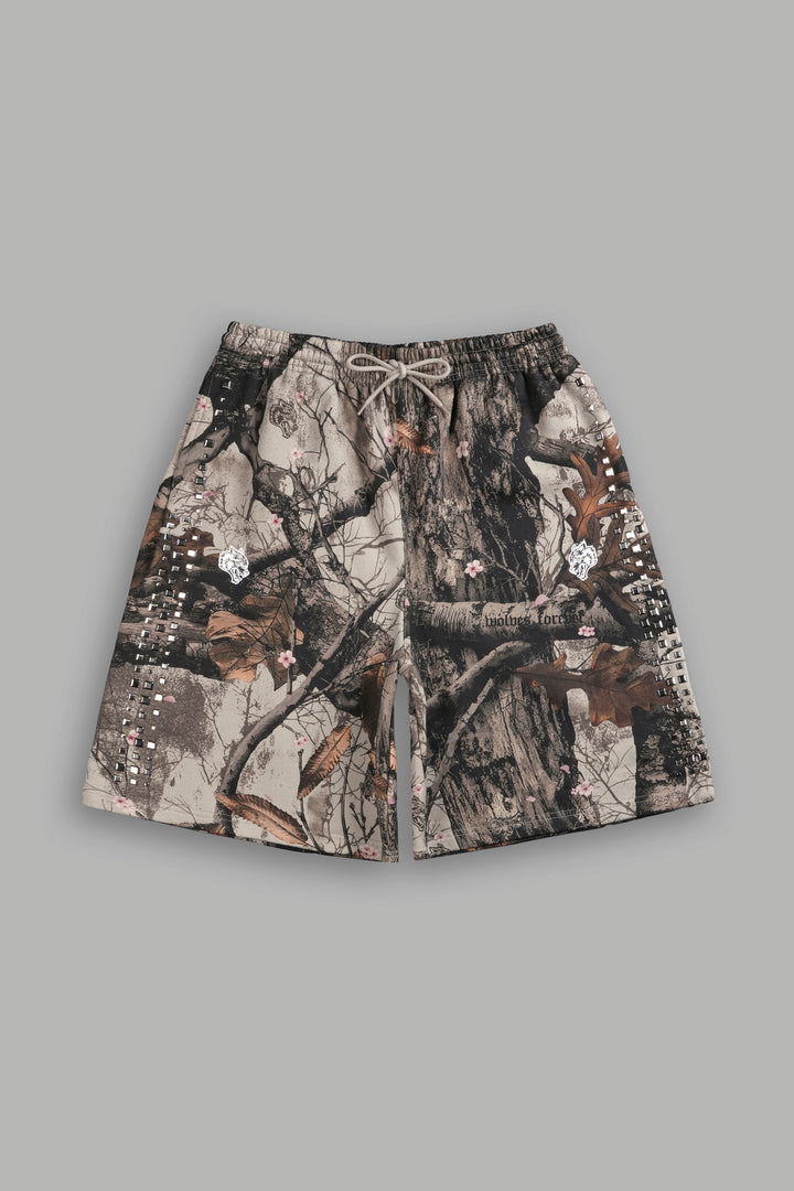 Dual Stud Oversized Osiris Sweat Shorts in Cherry Blossom Woodland Camo