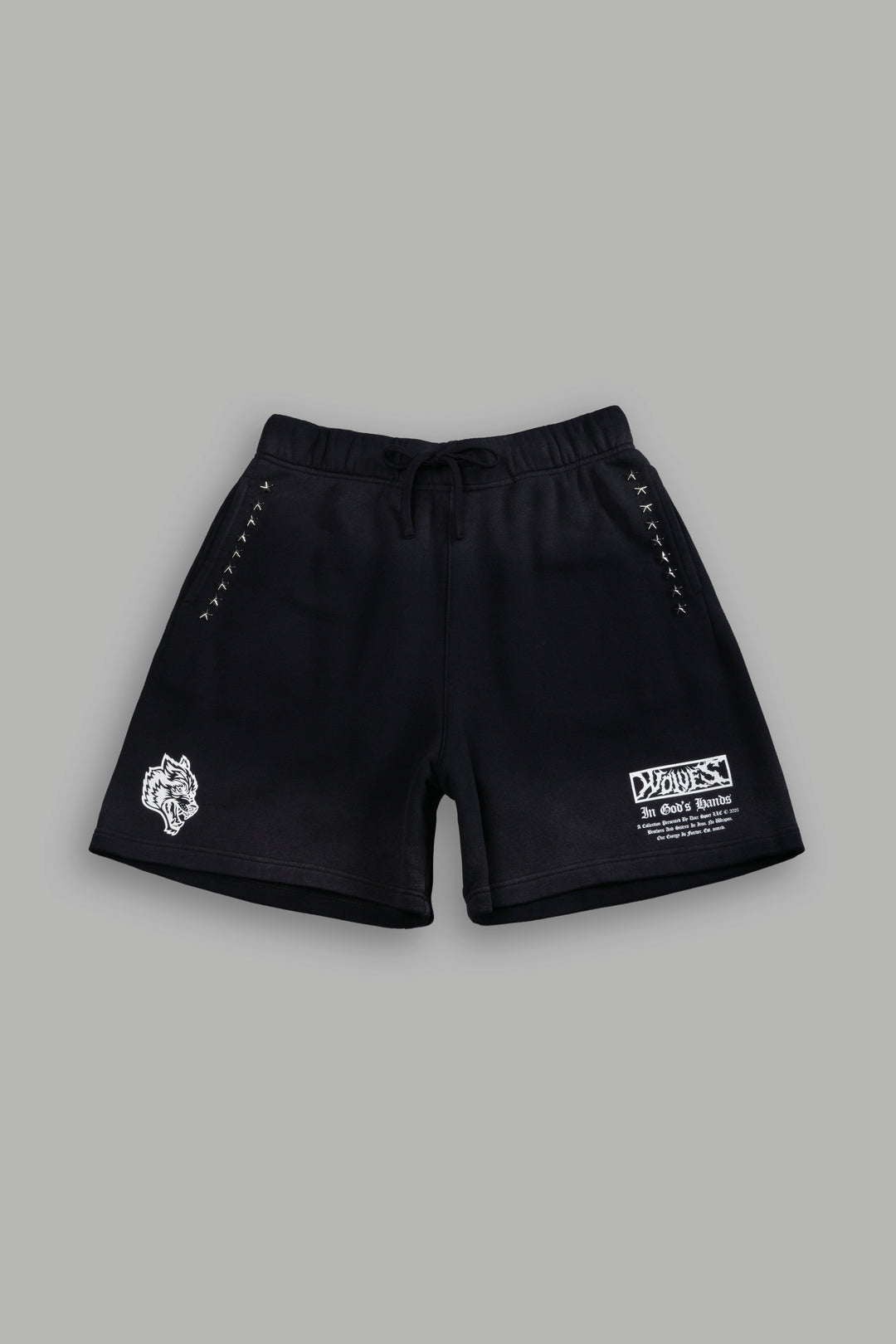 Studded Midnight Wolves Oversized Post Lounge Sweat Shorts in Black Drift Wash