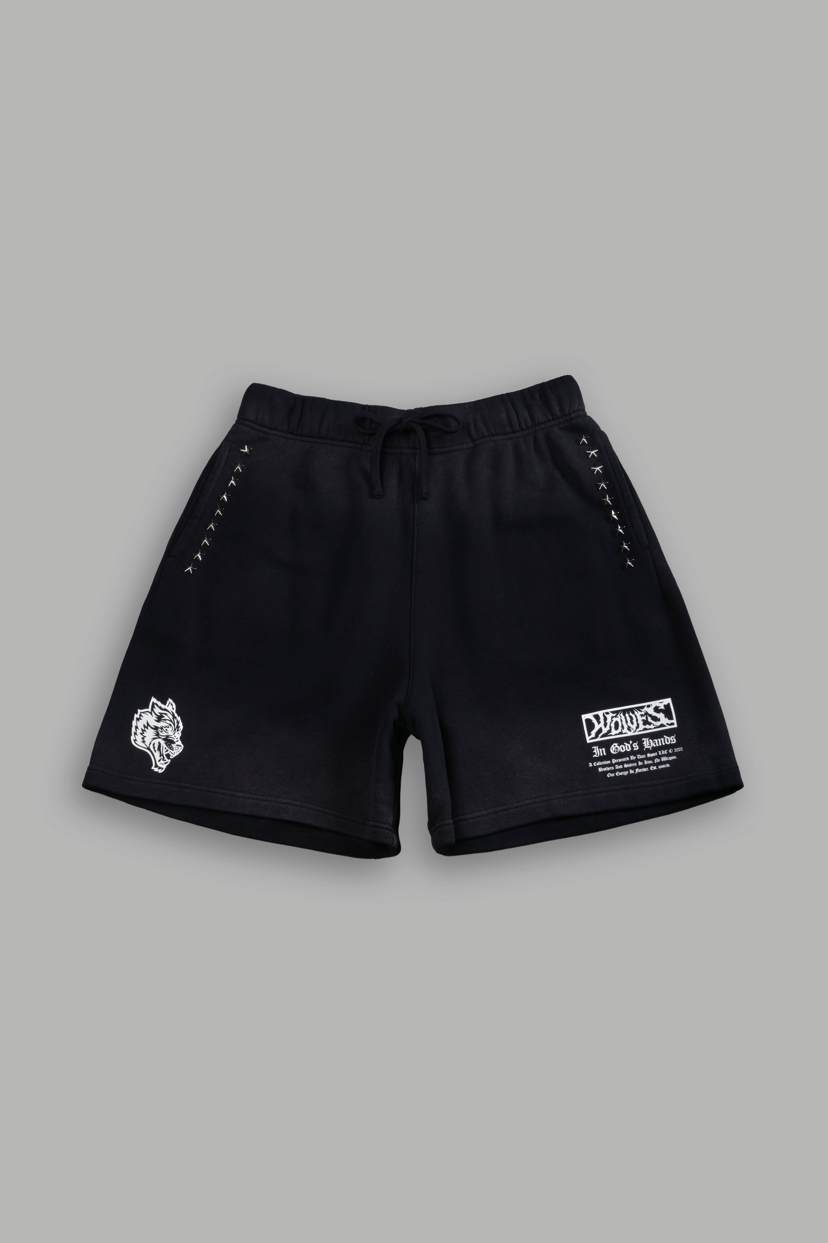 Studded Midnight Wolves Oversized Post Lounge Sweat Shorts in Black Drift Wash
