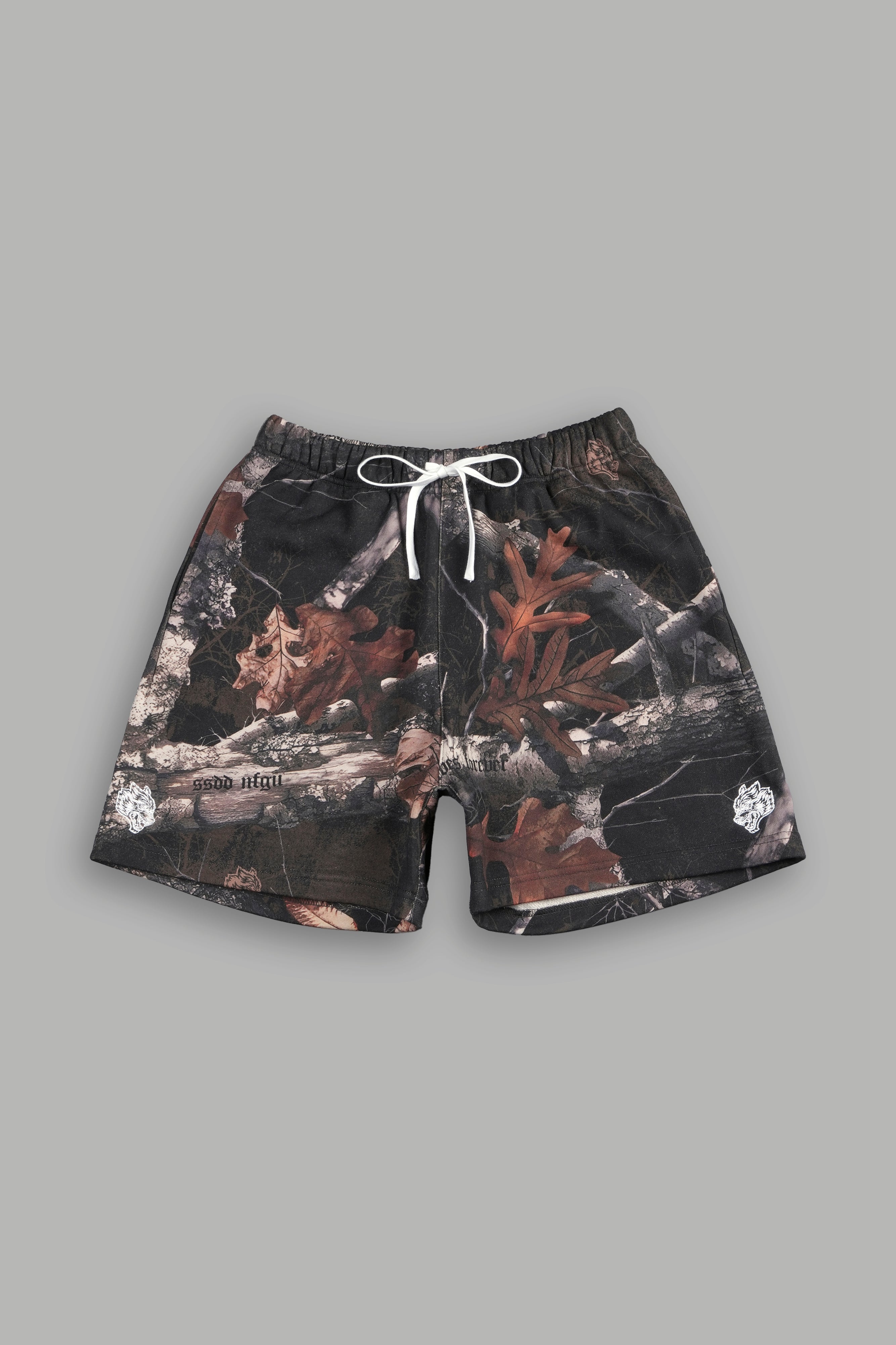 Dual Post Lounge Sweat Shorts in Darc Brown Woodland Camo