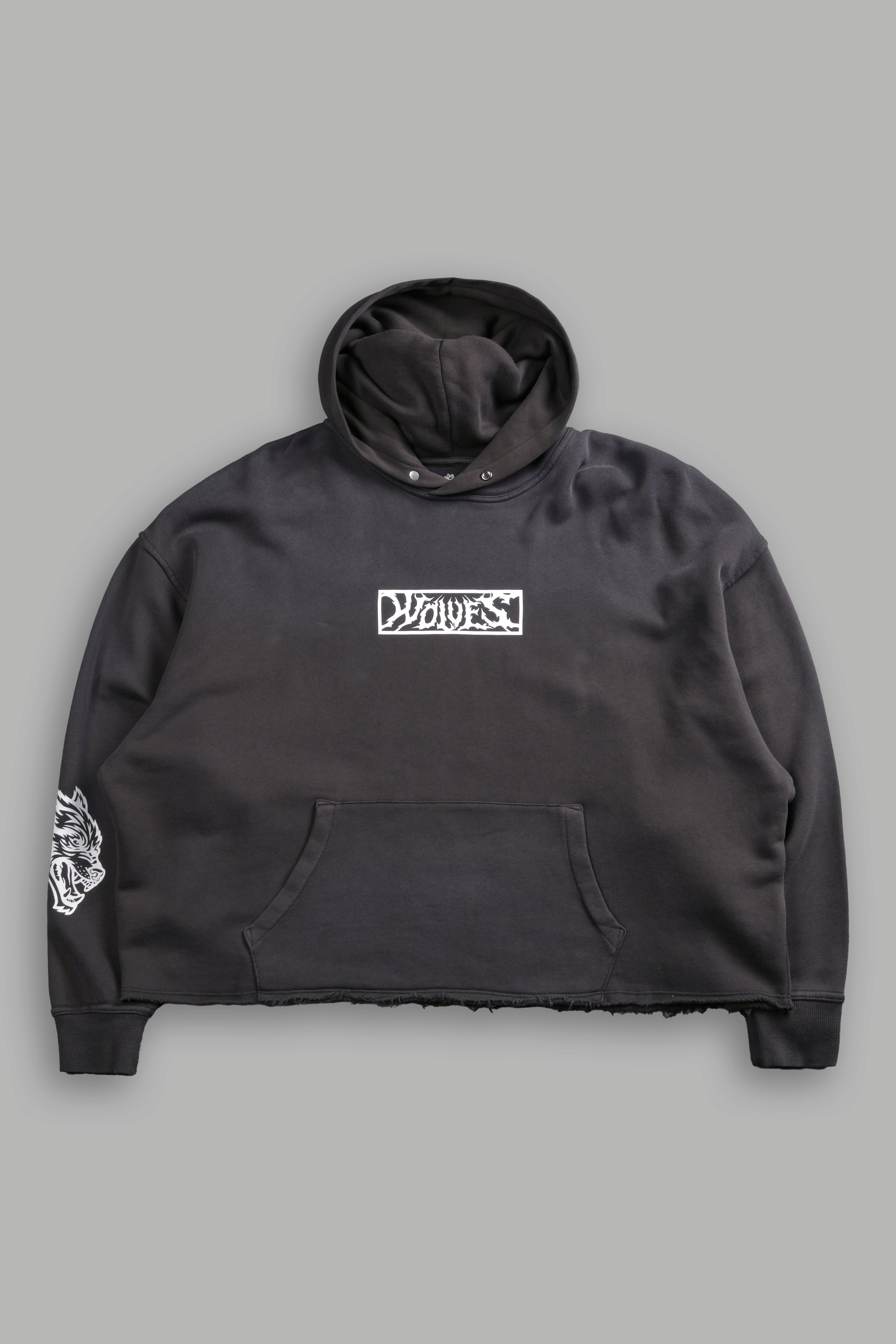 Midnight Wolves Raw Hem "Box Cut" Pierce Hoodie in Wolf Gray Drift Wash