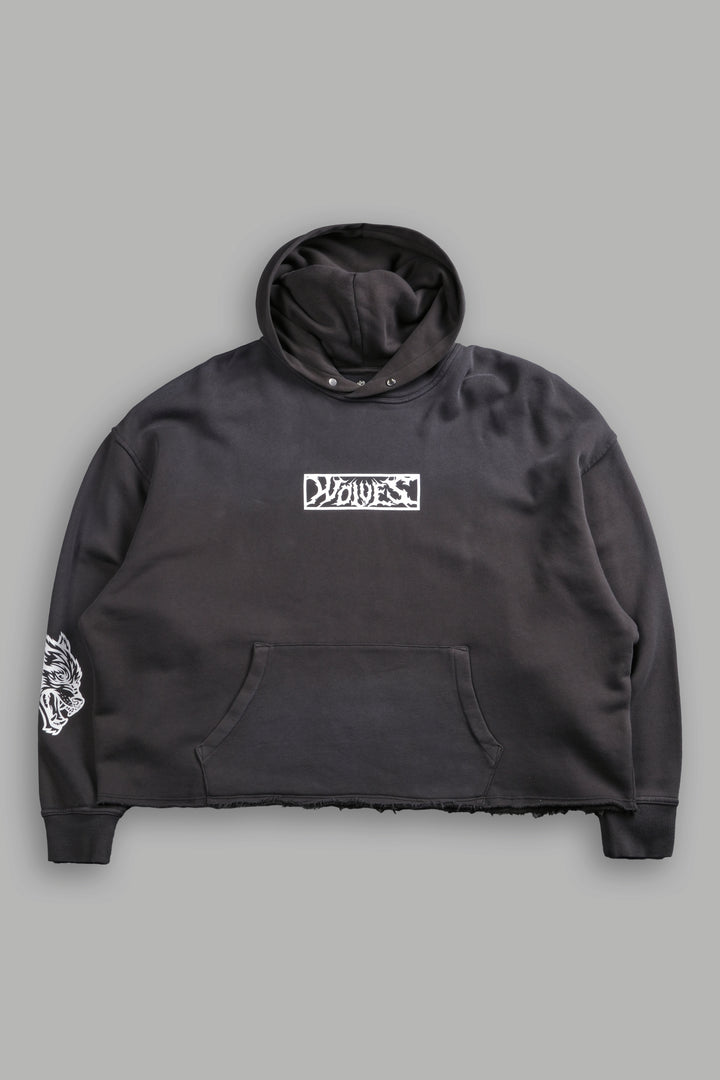 Midnight Wolves Raw Hem "Box Cut" Pierce Hoodie in Wolf Gray Drift Wash