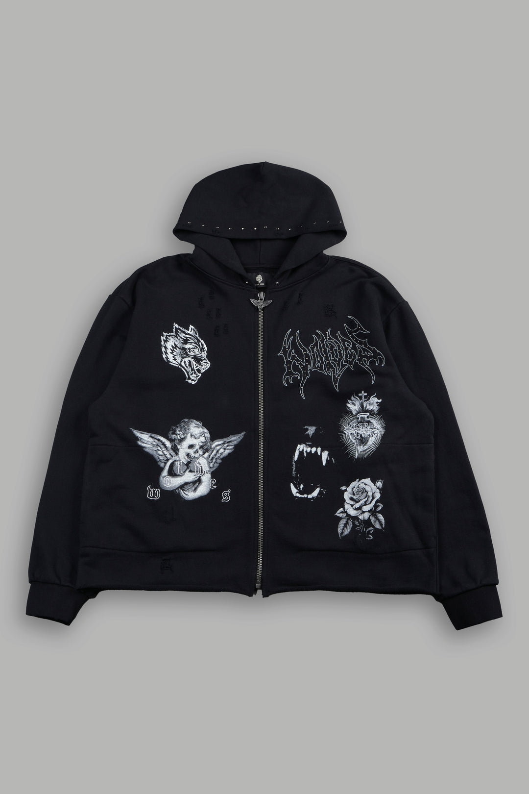 Darc Heaven Distressed Grunge Mid Length Raw Hem Zip Hoodie In Black