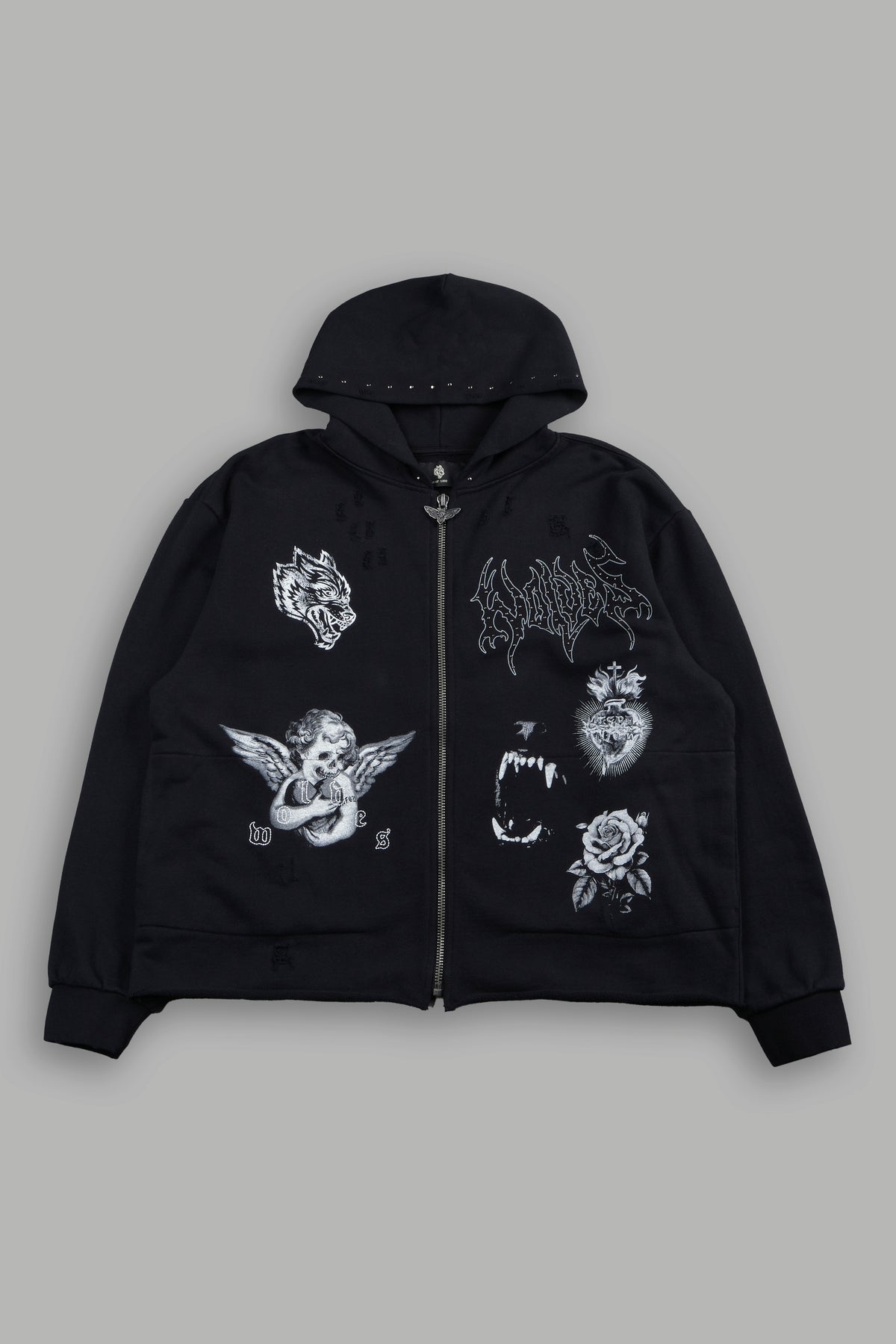 Darc Heaven Distressed Grunge Mid Length Raw Hem Zip Hoodie In Black