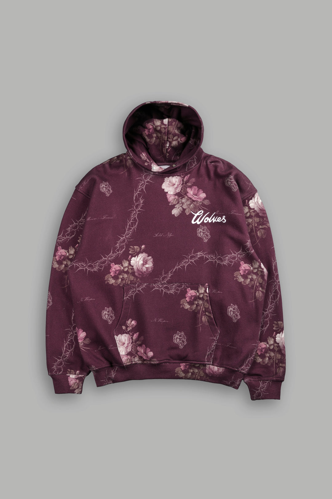 Wolves Script "Pierce" Hoodie in Cherry Wine Rose Thorn