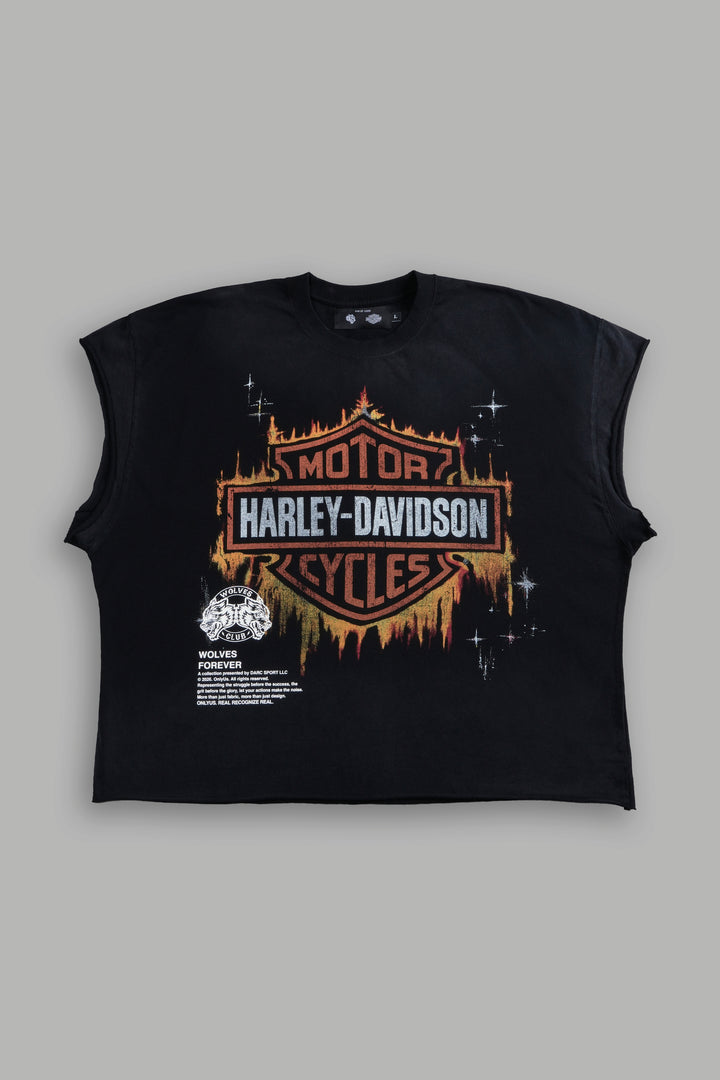 Inferno Shield Grunge Cut-Off Mid-Length Raw Hem Tee in Black Drift Wash