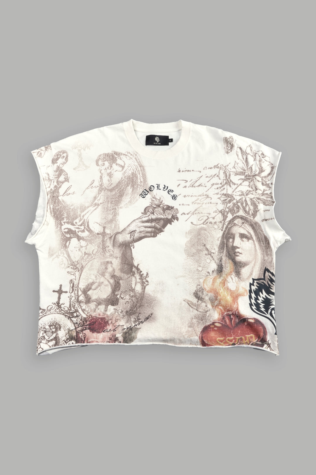 Heart of Thorns Distressed Grunge Cut-Off Mid-Length Raw Hem Tee in Cream