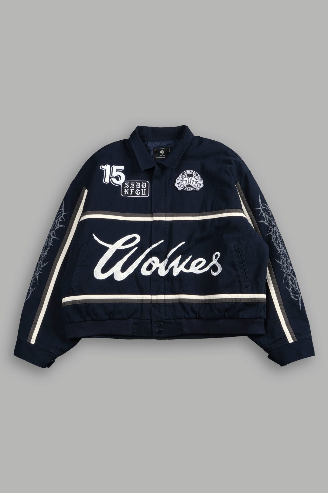 Wolves Club Script Big Moe Jacket in Navy/Cream/Wolf Gray