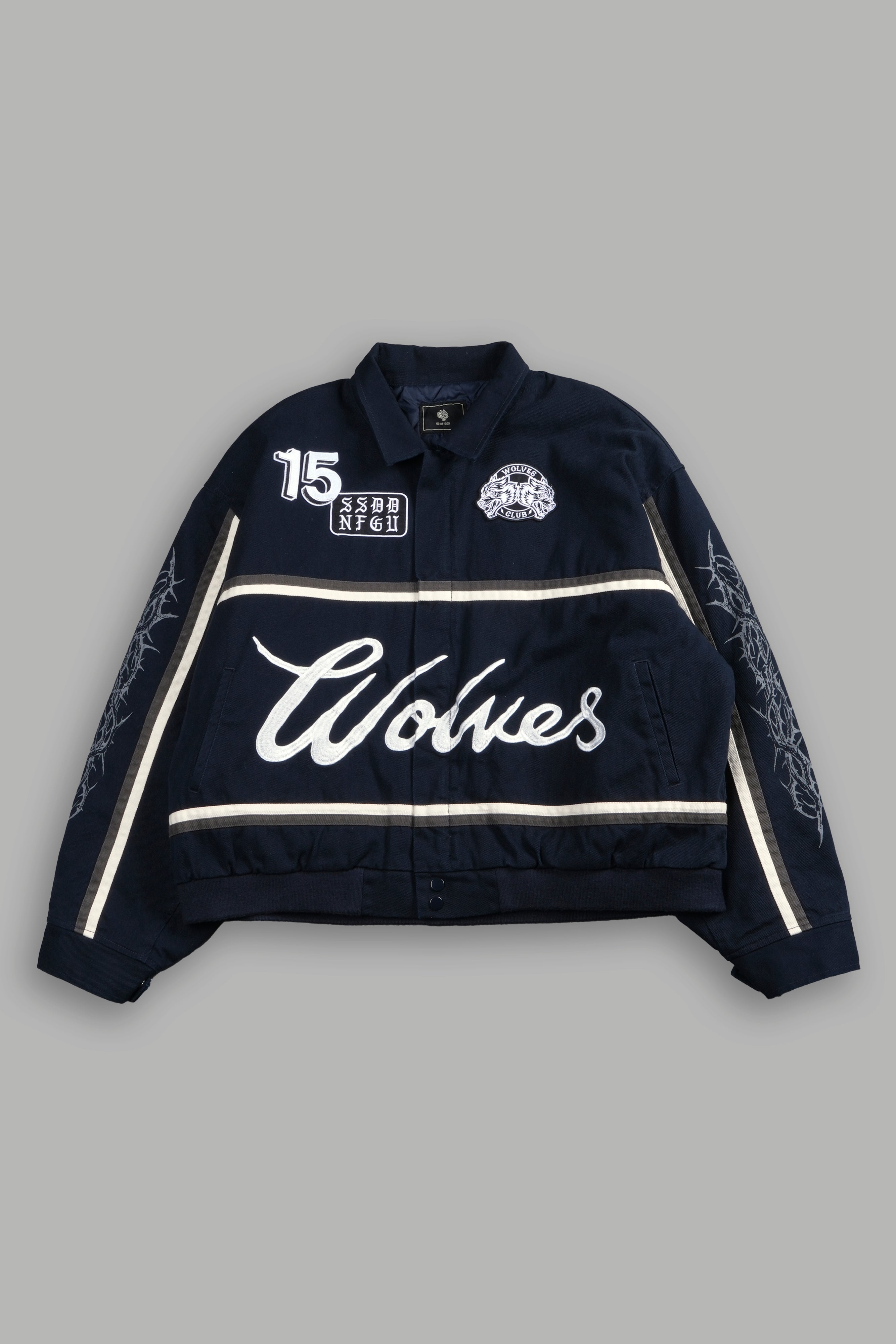 Wolves Club Script Big Moe Jacket in Navy/Cream/Wolf Gray