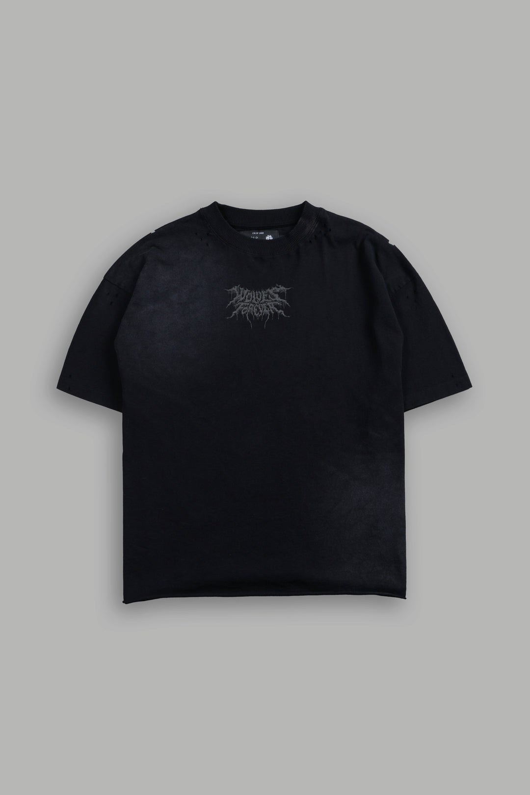 Rise of Beru Grunge Mid-Length Raw Hem Tee in Black Sun Fade