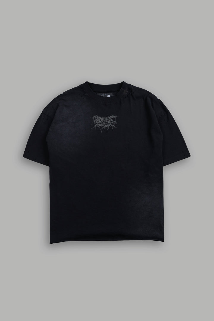 Rise of Beru Grunge Mid-Length Raw Hem Tee in Black Sun Fade