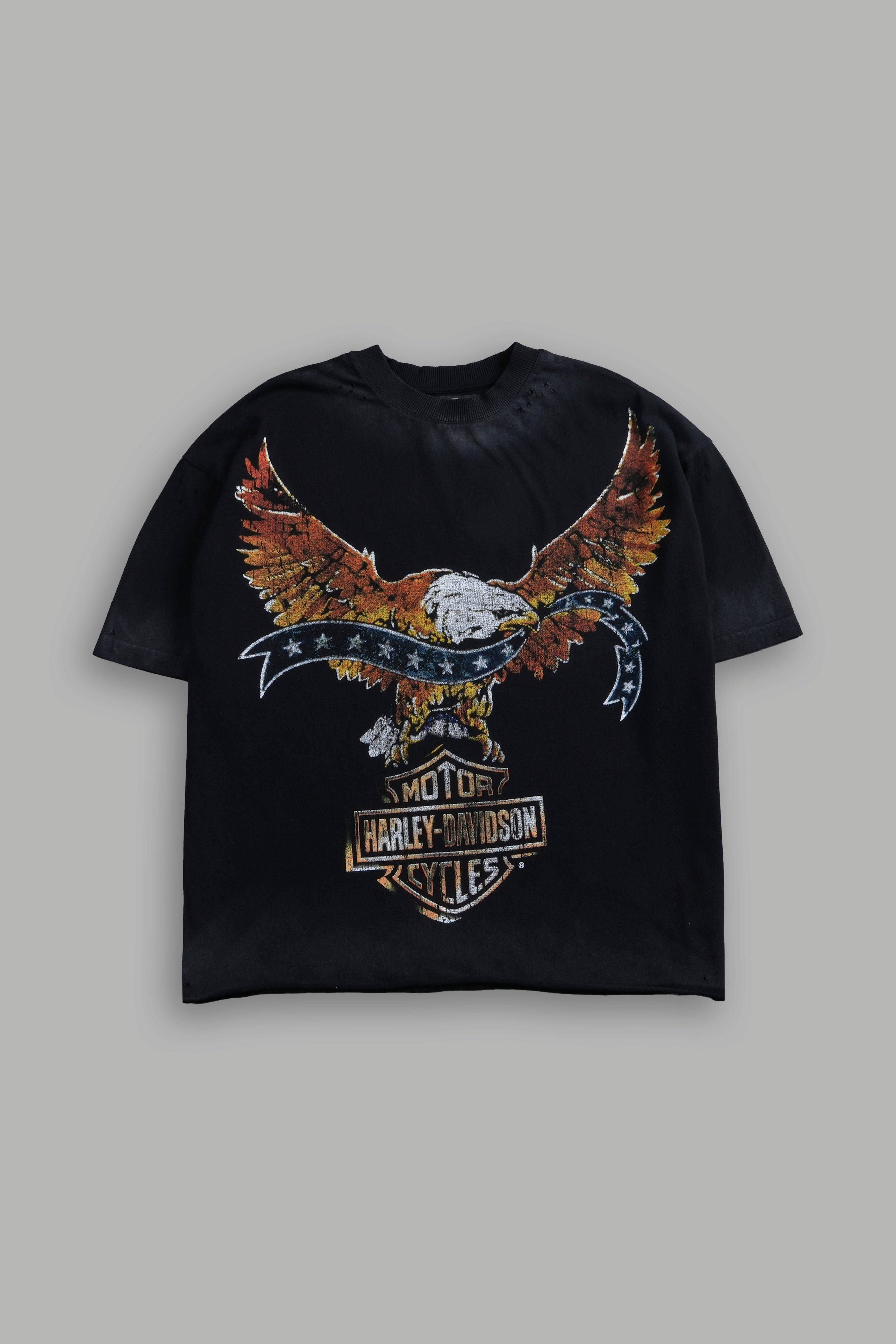 Darc Eagle Distressed Grunge Mid-Length Raw Hem Tee in Black Drift Wash