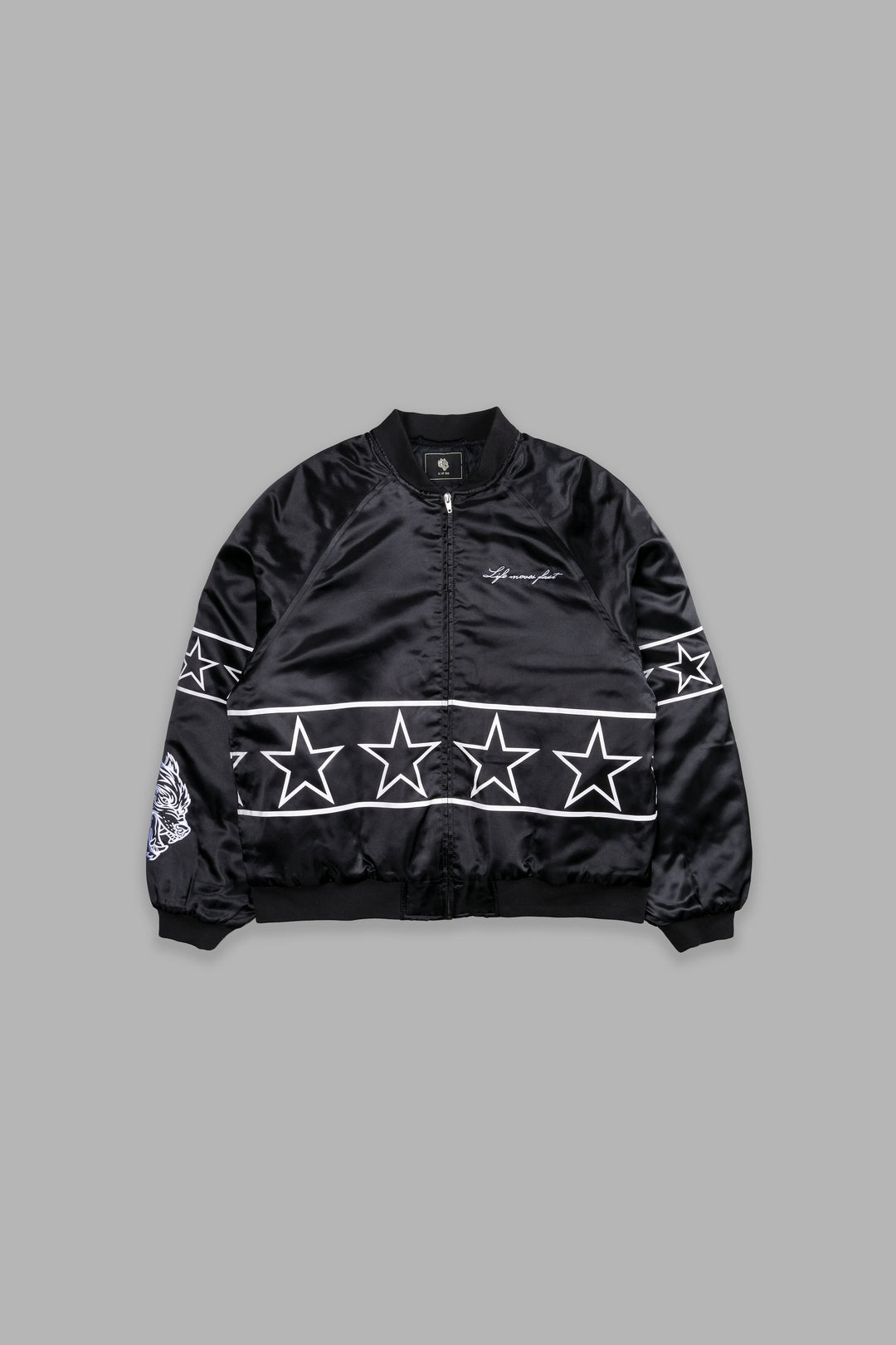 In The Stars Satin Bomber Zip Jacket in Black/White