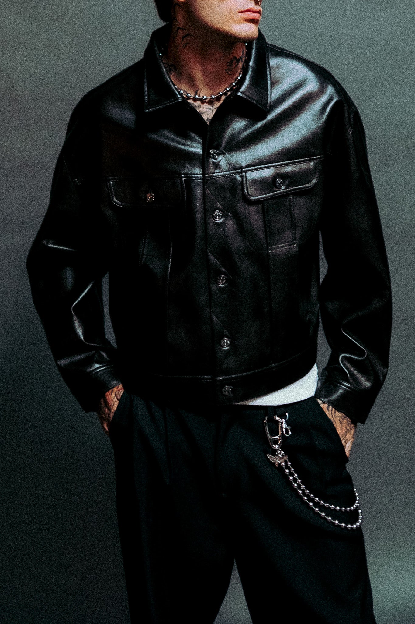 Single Wolf Faux Leather American Cropped Jacket in Darc Charcoal