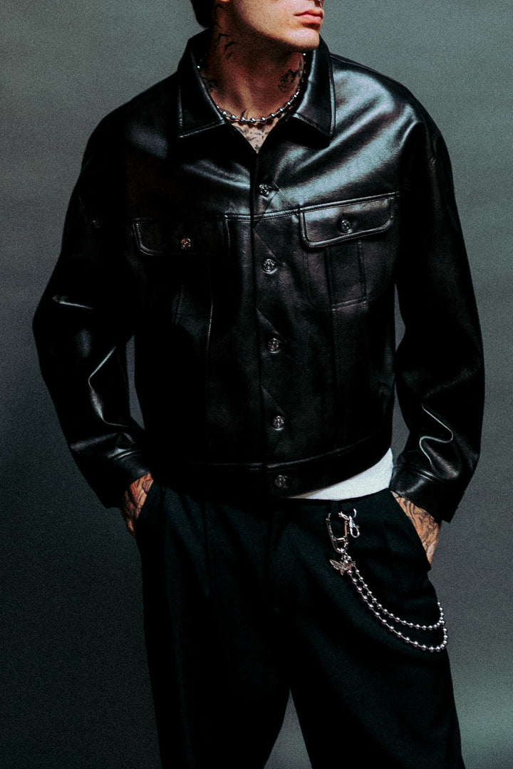 Single Wolf Faux Leather American Cropped Jacket in Darc Charcoal