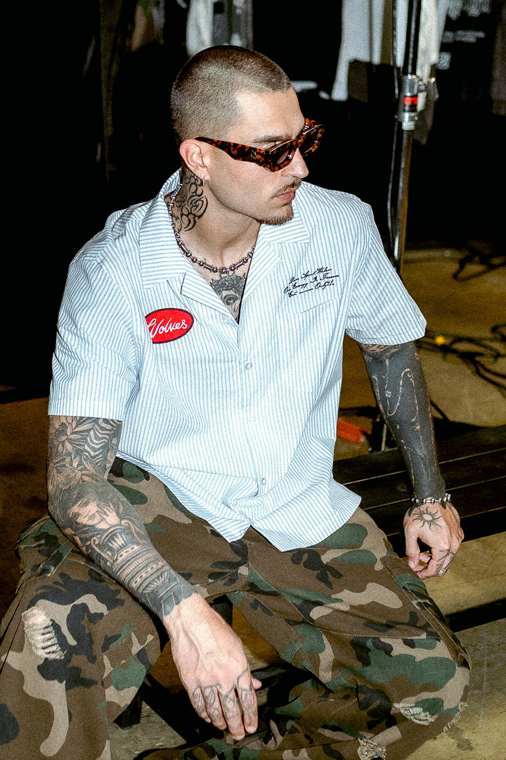 Ride With Us Dalton Mid Length Button Up in White/Blue