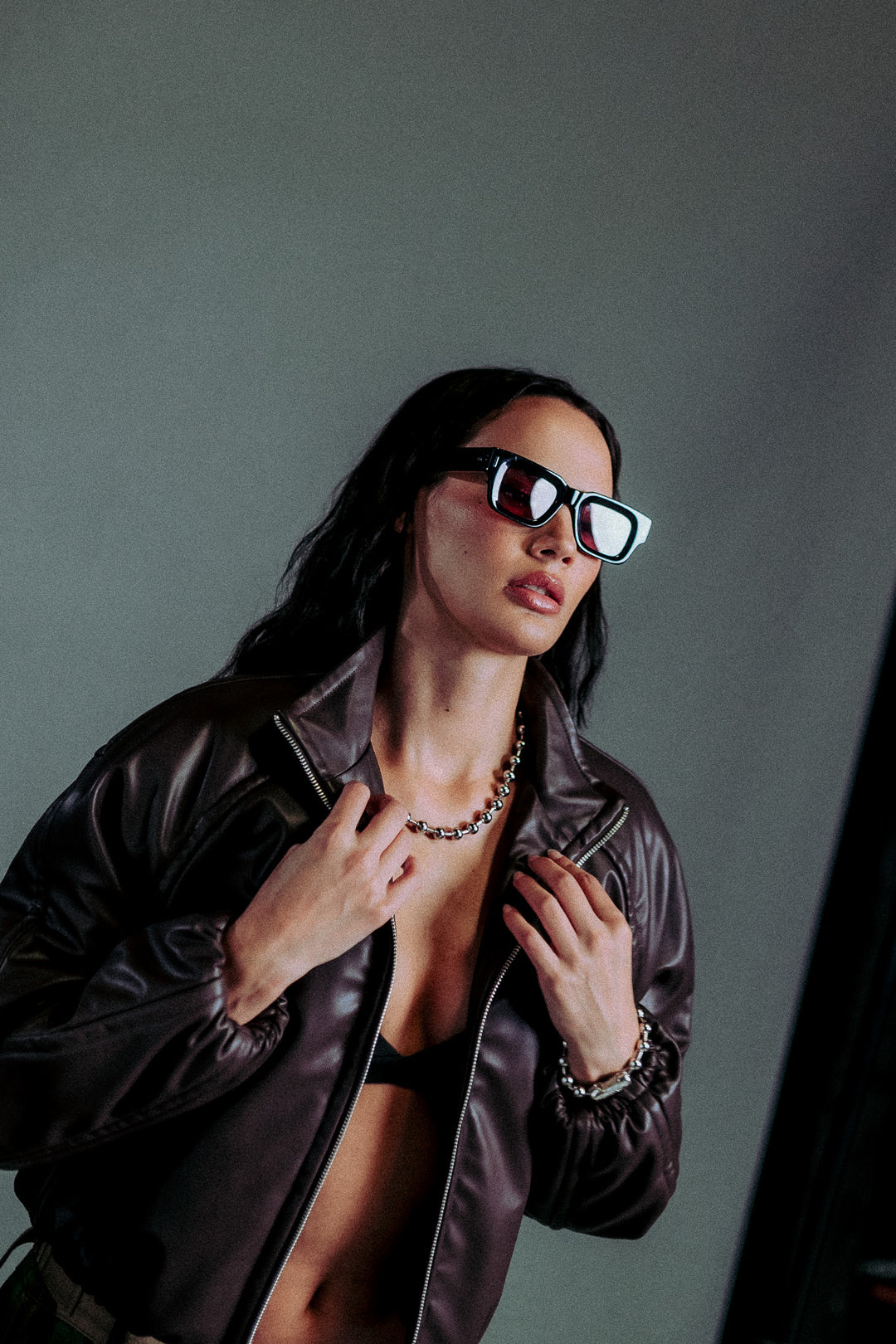 Dual Wolf Chopper Sofia Faux Leather Bomber Jacket in Darc Garnet