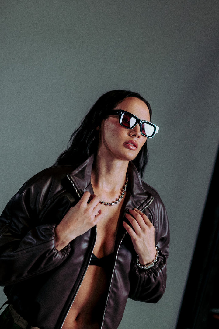 Dual Wolf Chopper Sofia Faux Leather Bomber Jacket in Darc Garnet