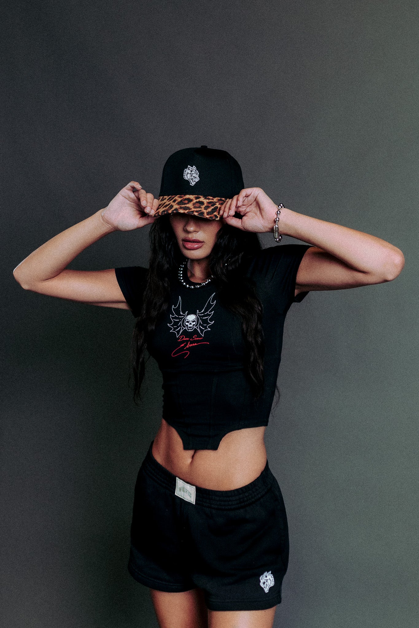 Wolf Head 5 Panel Hat in Black/Clay Leopard