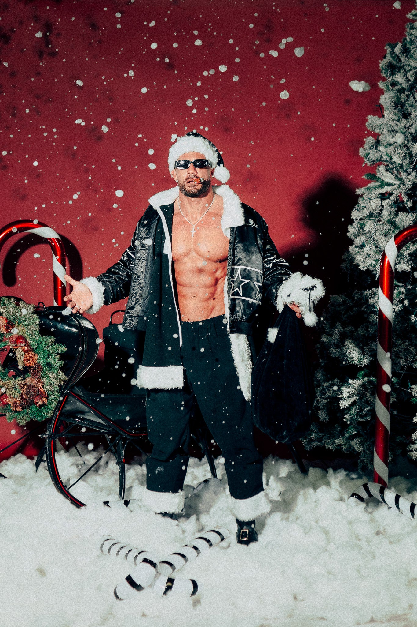 In The Stars Satin Bomber Zip Jacket in Black/White