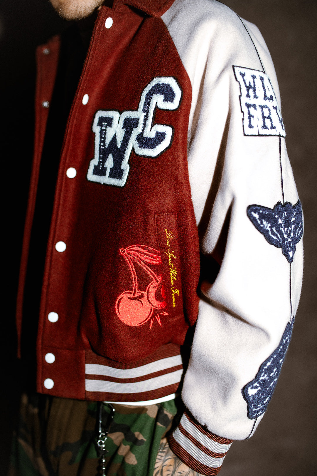 Mickey Mouse Wolves Club Roxy Box Cut Rudy Letterman Jacket in Oxblood/Clay