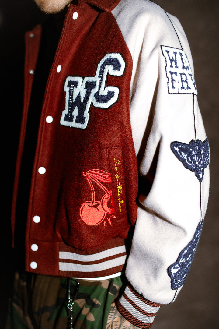 Mickey Mouse Wolves Club Roxy Box Cut Rudy Letterman Jacket in Oxblood/Clay