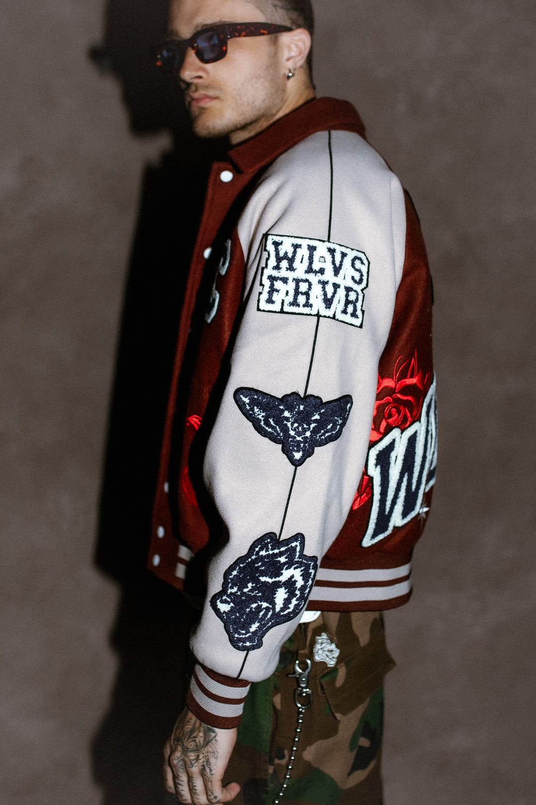 Mickey Mouse Wolves Club Roxy Box Cut Rudy Letterman Jacket in Oxblood/Clay
