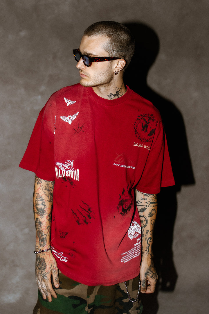 Big Bad Wolves Premium Oversized Tee in Carmine Red Sun Fade