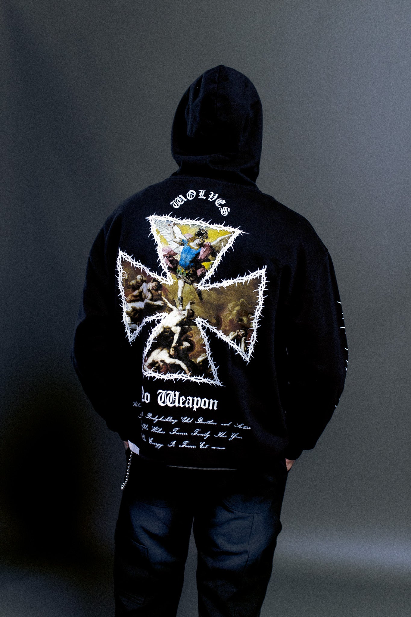 Ascend Distressed Grunge Mid Length Raw Hem Zip Hoodie in Black