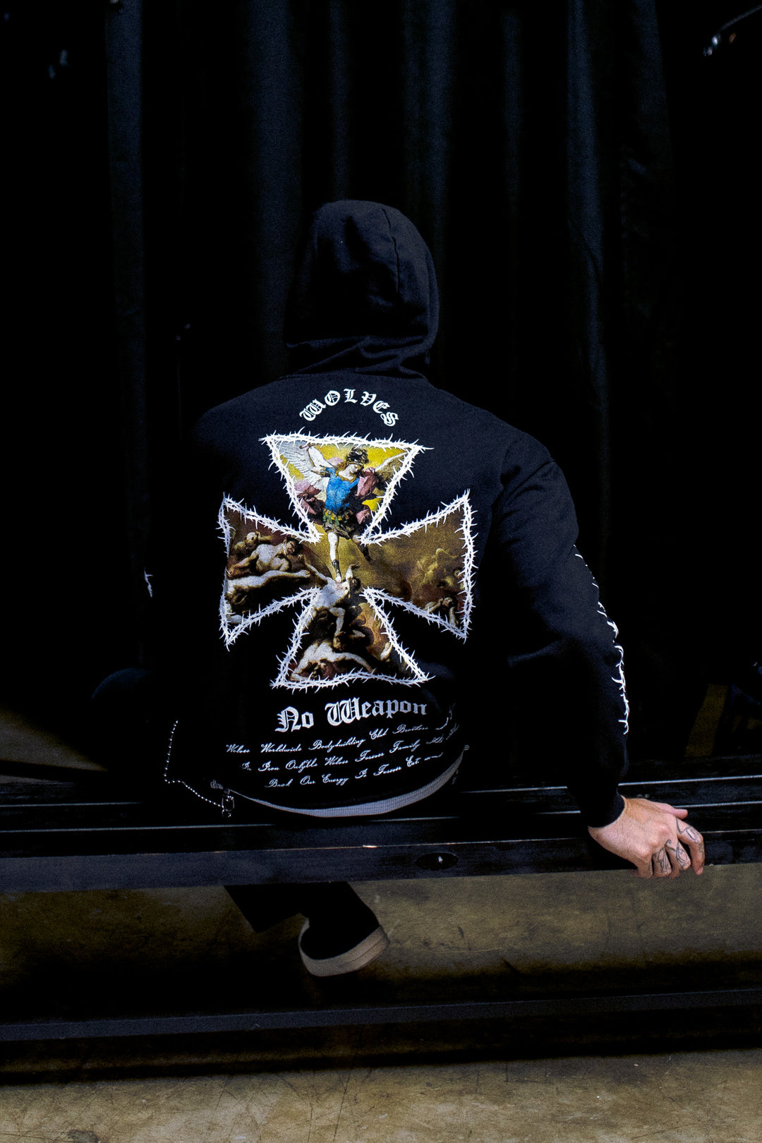 Ascend Distressed Grunge Mid Length Raw Hem Zip Hoodie in Black