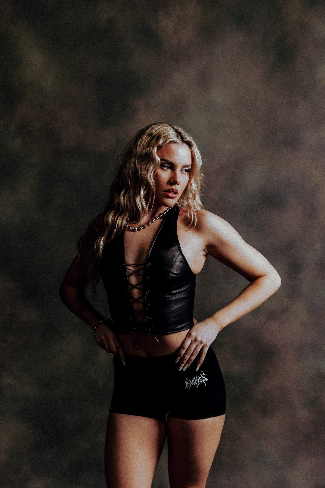 Wolf Head Leather Lace Up Top in Black