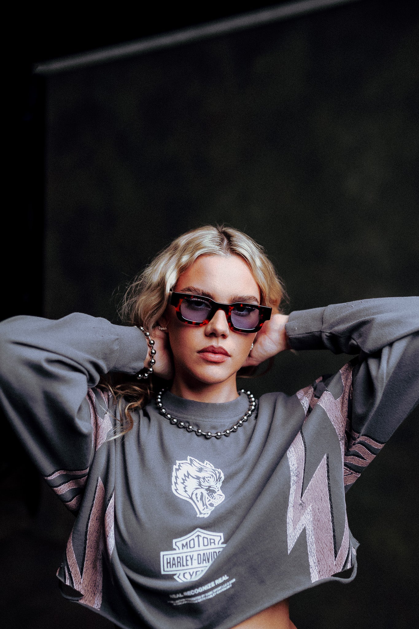 Real Recognize Real Distressed Oversized Cropped L/S Tee in Slate Gray