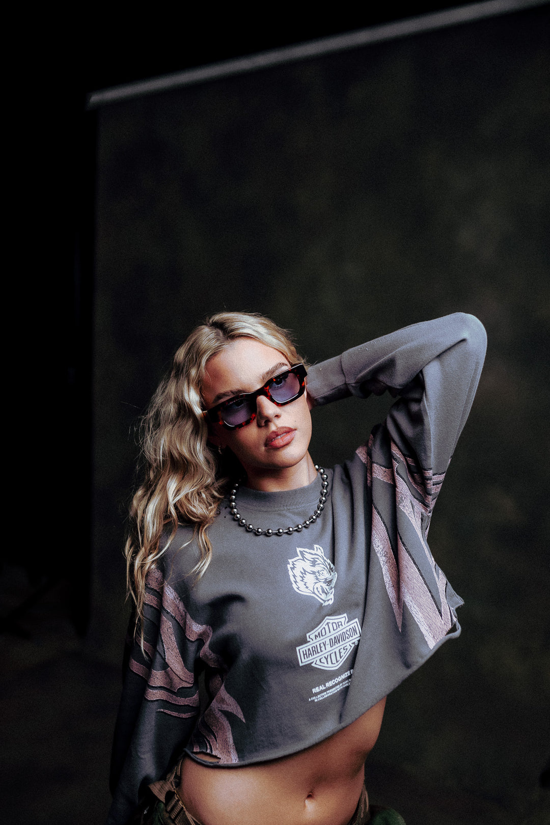 Real Recognize Real Distressed Oversized Cropped L/S Tee in Slate Gray